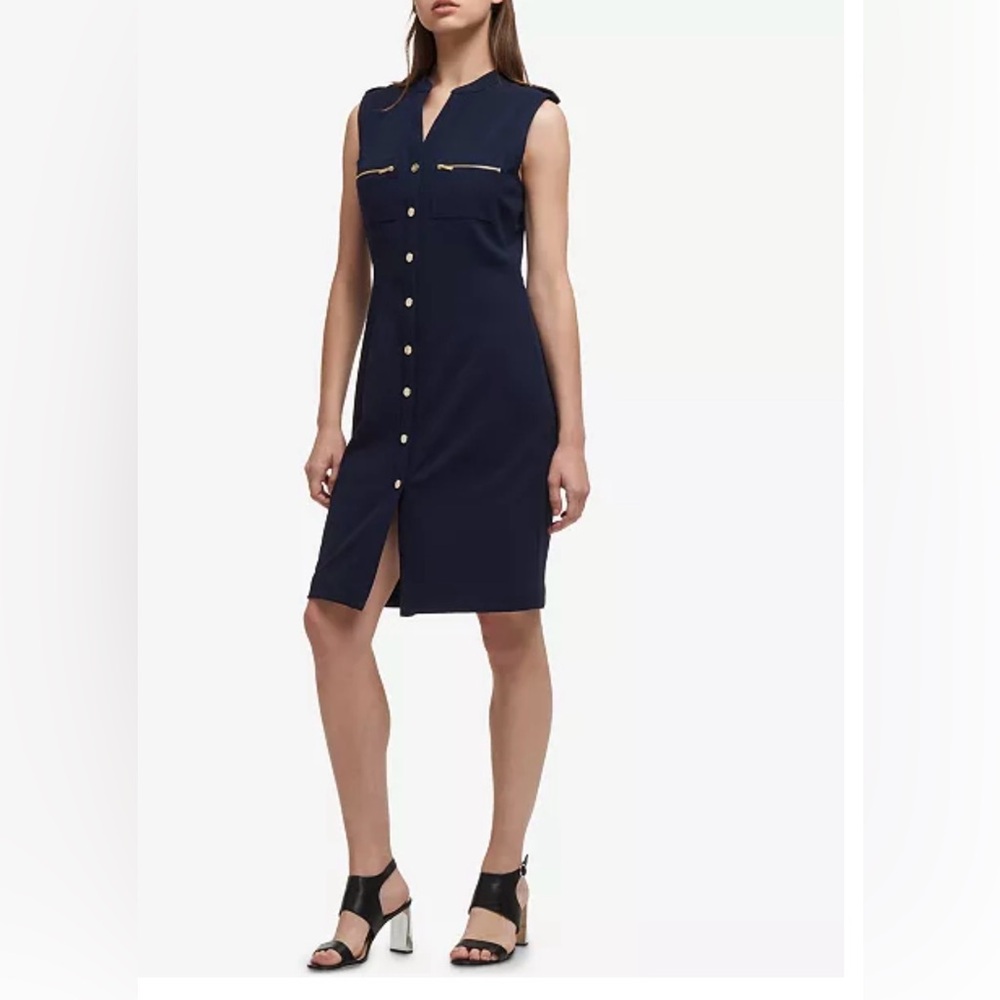 DKNY Blue Buttoned Midi Dress Sleeveless Collar